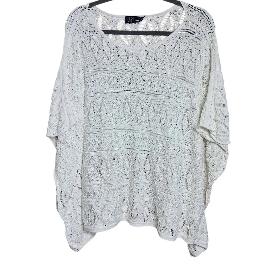 Polo Ralph Lauren Pointelle-Knit Boatneck poncho sweater oversized Boho crochet